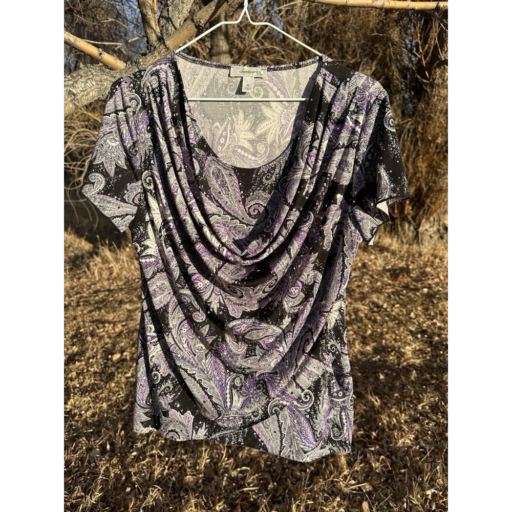 Dressbarn Sparkle Paisley Career Blouse Womens Medium Top Cap Sleeve Socials